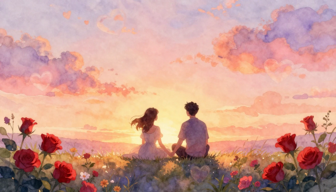 A soft and dreamy watercolor painting depicting a romantic s...
