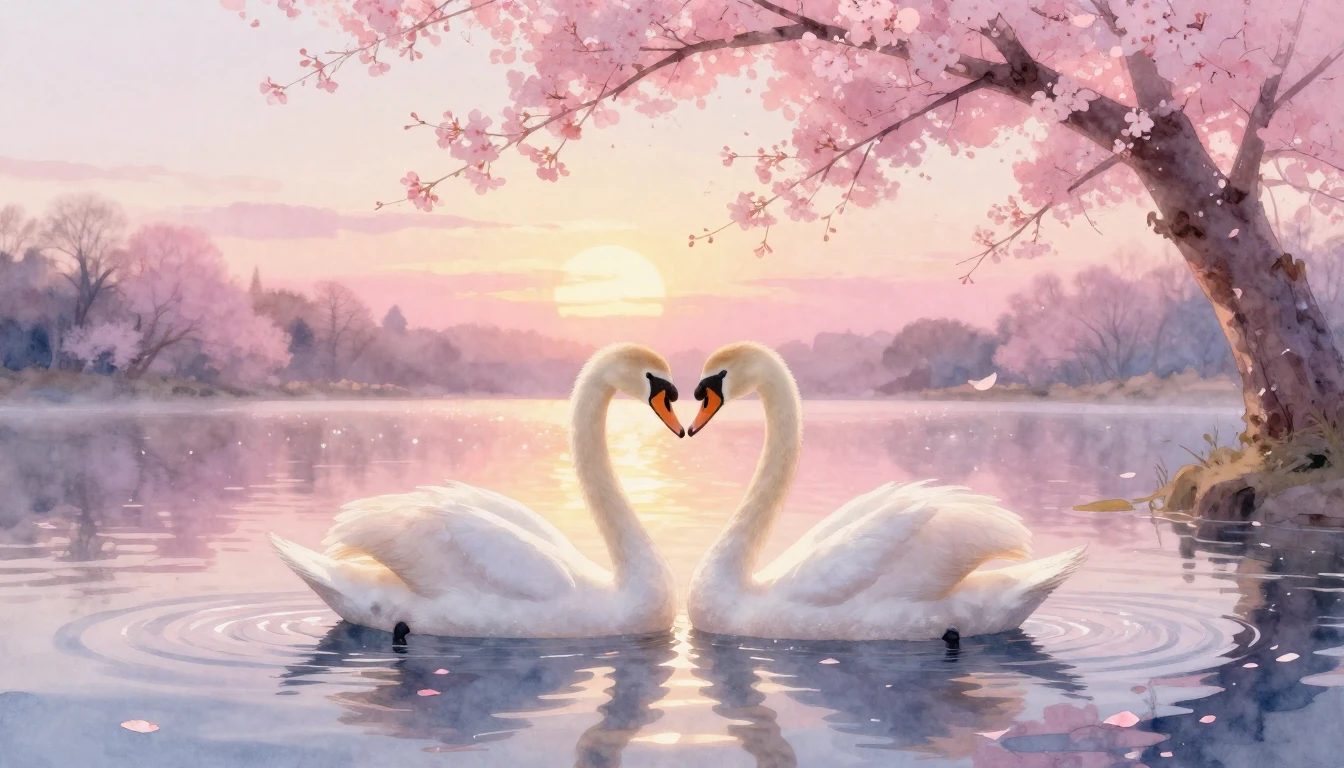 A soft and dreamy watercolor painting depicting two white sw...