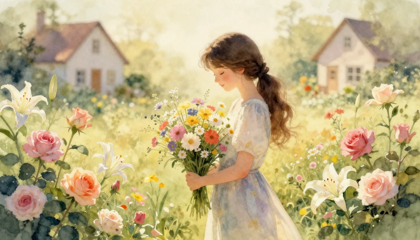 A heartwarming watercolor painting depicting a gentle mother...