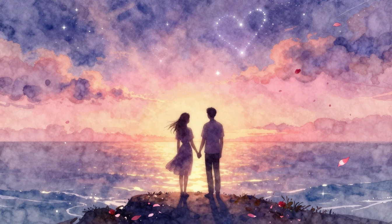 A romantic and dreamy watercolor painting concept. Two silho...