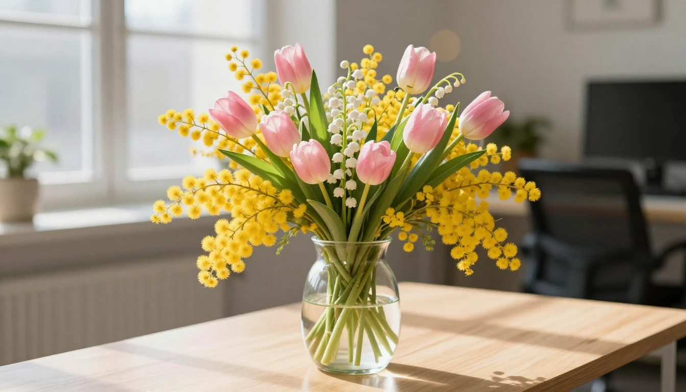 A delicate and vibrant bouquet of spring flowers featuring b...