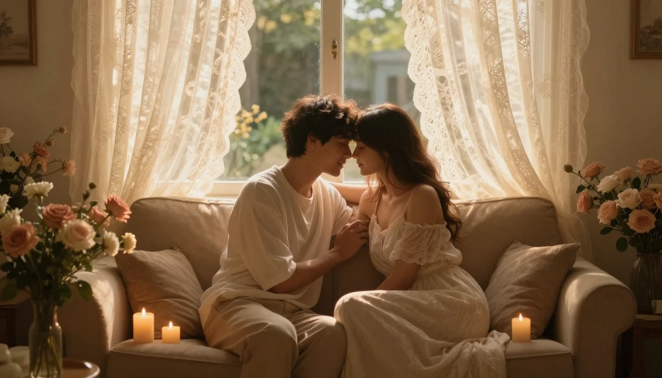 A romantic and intimate scene of a couple sharing a quiet mo...