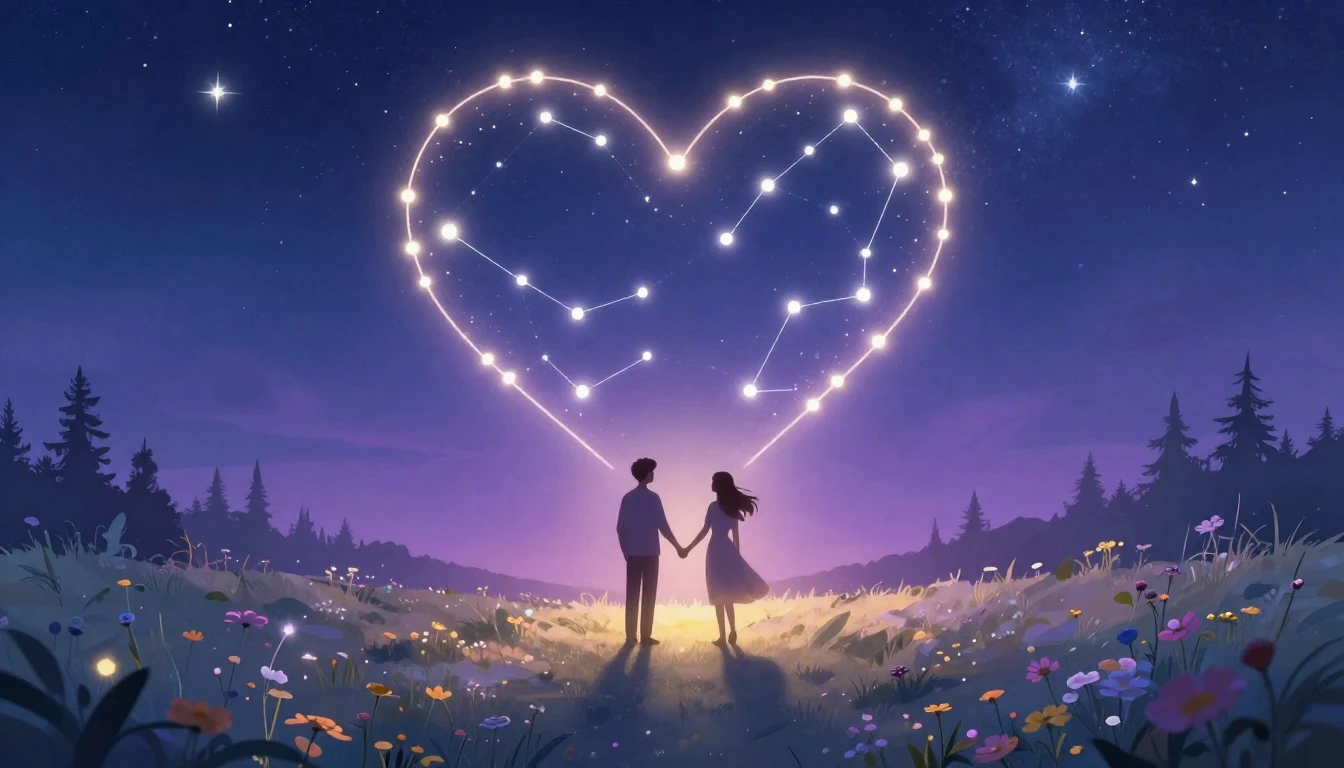 A romantic and dreamy illustration featuring two silhouette ...