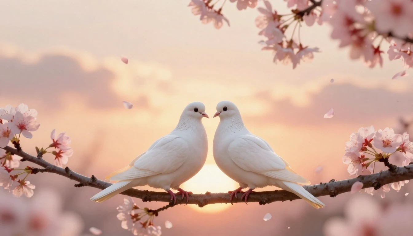 A romantic and ethereal composition featuring two white dove...