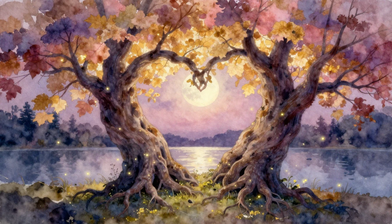 A breathtaking watercolor painting of two ancient trees inte...