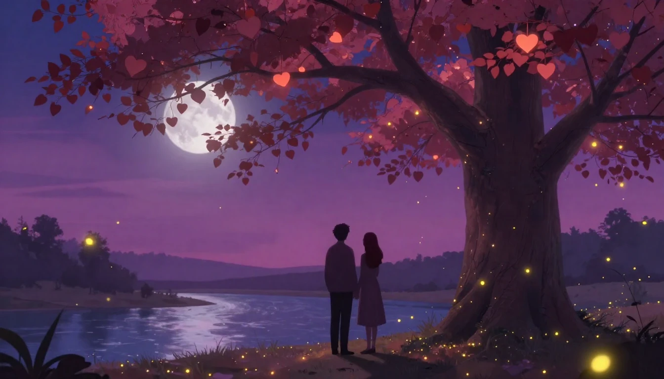 A dreamy and romantic scene featuring two silhouettes of a c...