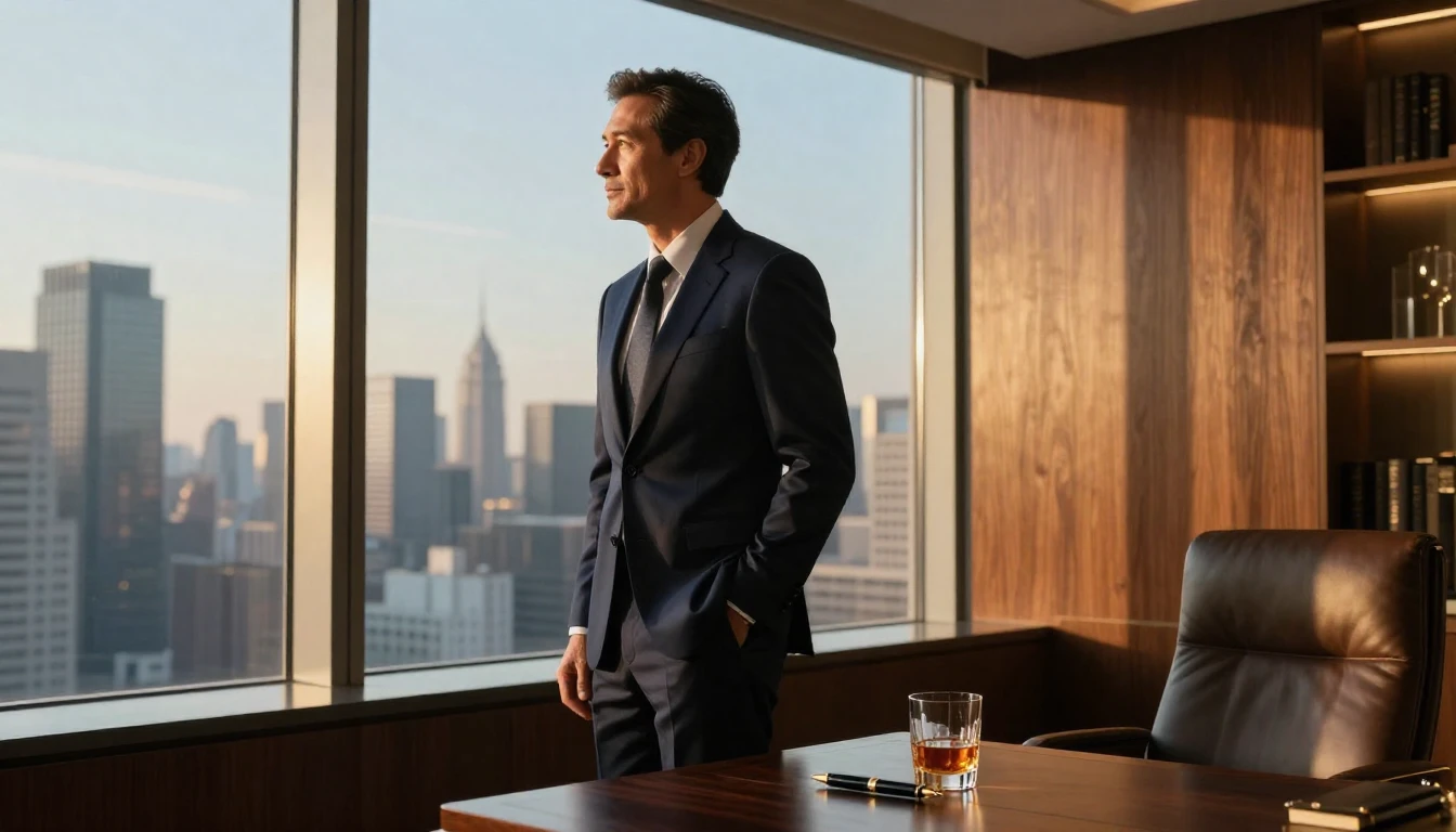 A sophisticated and successful man in his 40s standing by a ...