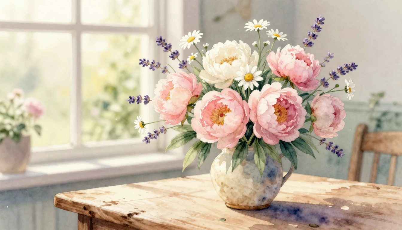 A beautiful watercolor illustration of a lush bouquet of sof...