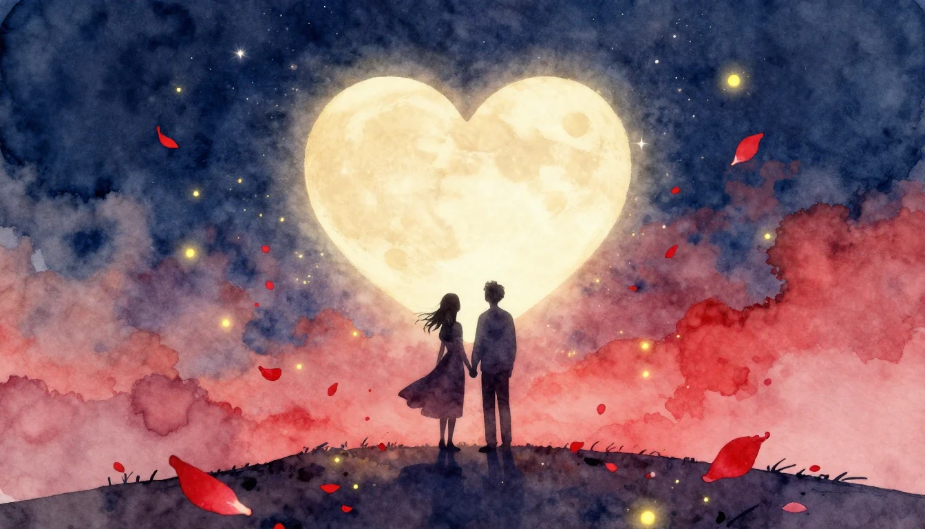 A romantic watercolor painting depicting two silhouettes sta...