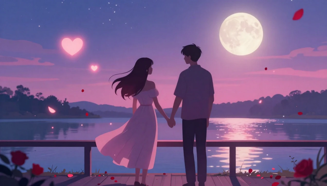 A soft and romantic illustration depicting two silhouettes h...