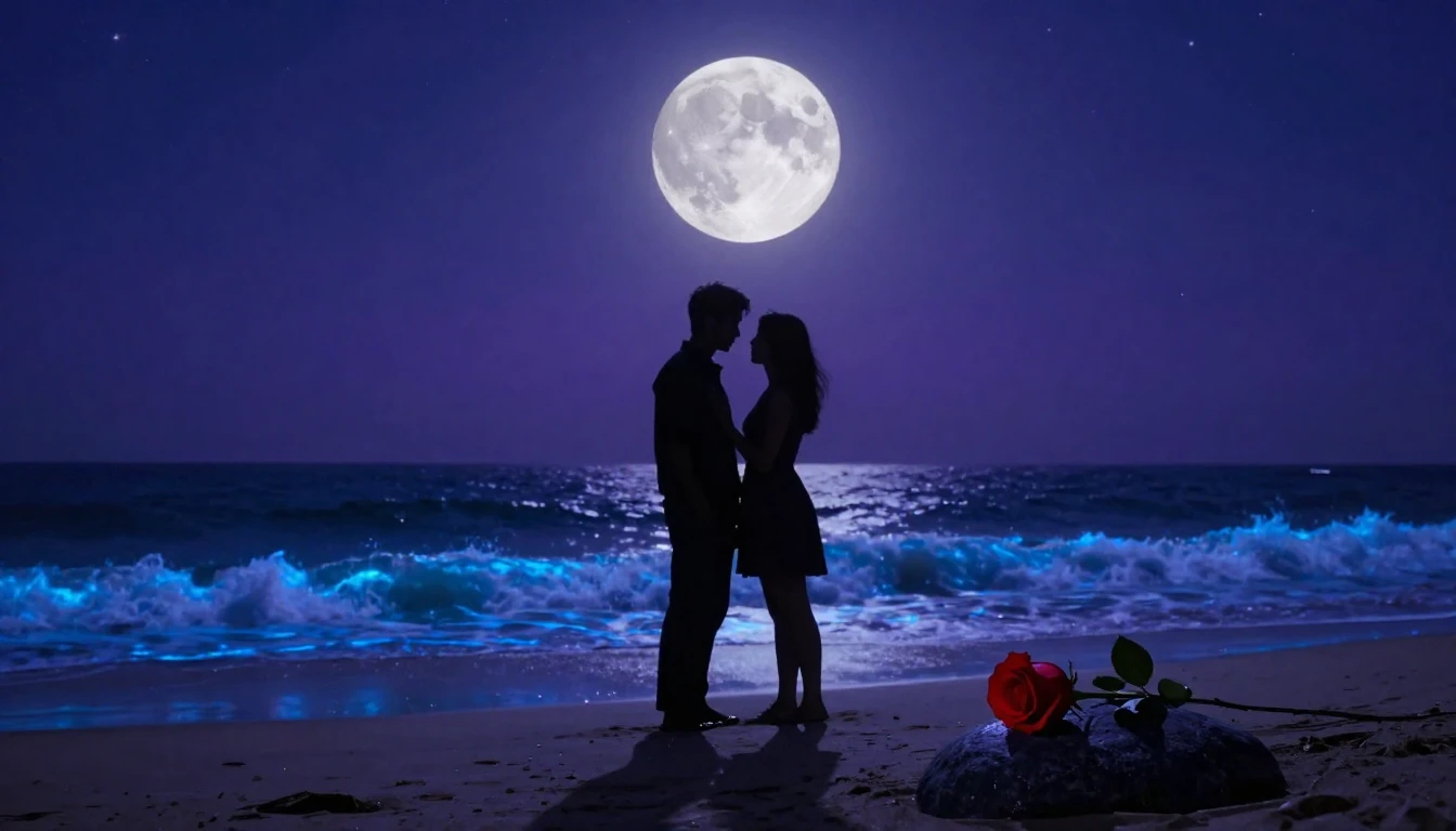 A romantic and dreamy scene featuring two silhouette figures...