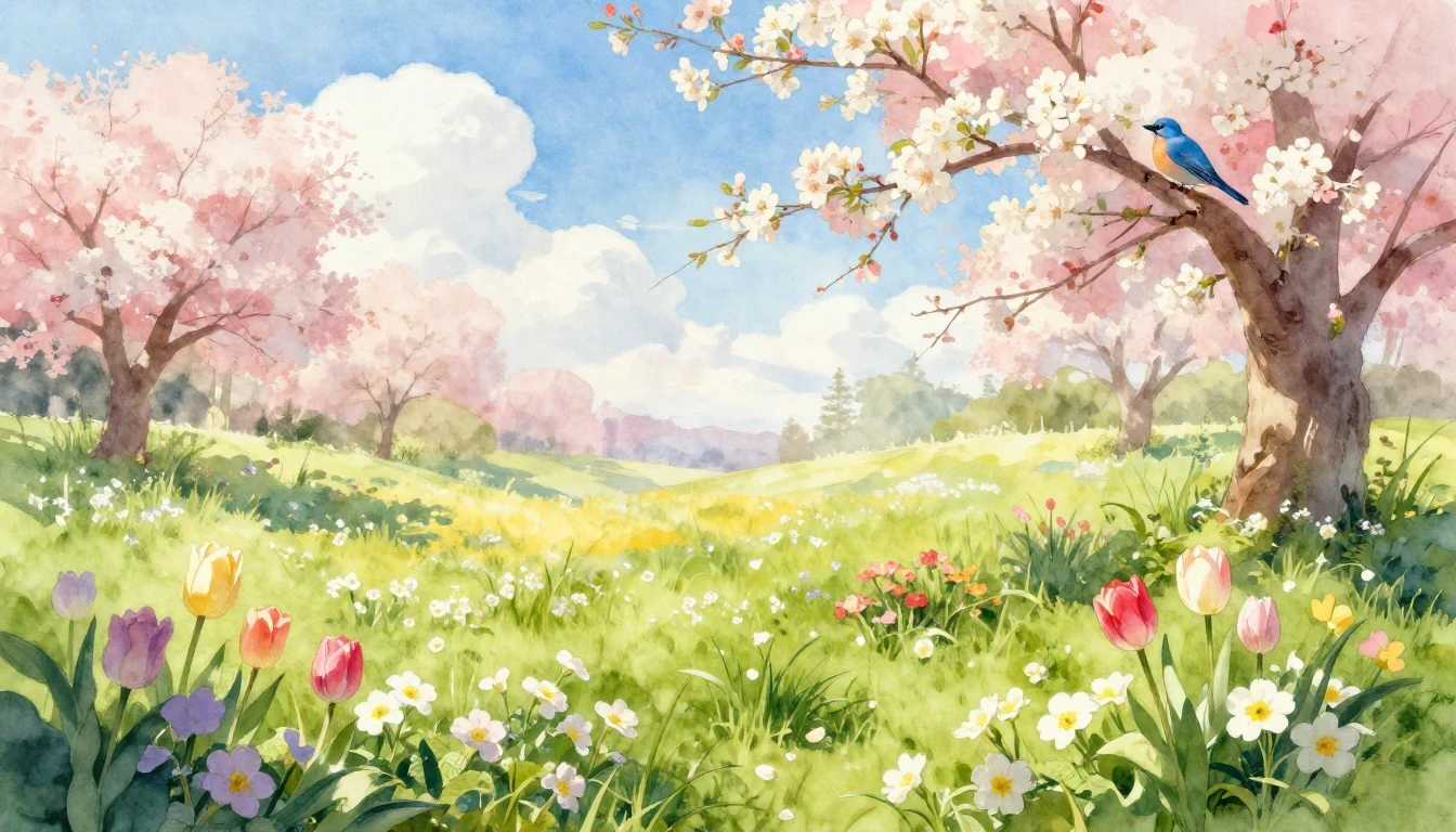 A soft and dreamy watercolor painting depicting a vibrant sp...