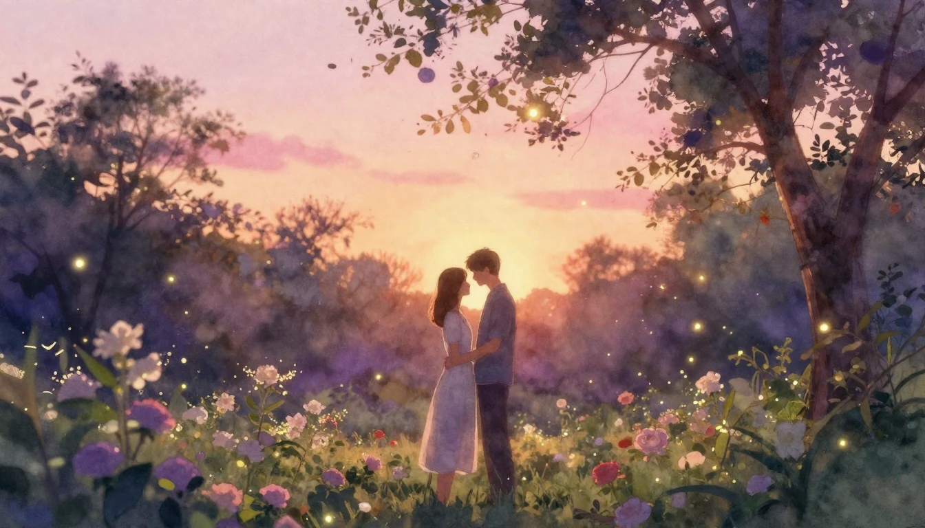 A romantic and ethereal scene of a couple standing in a lush...