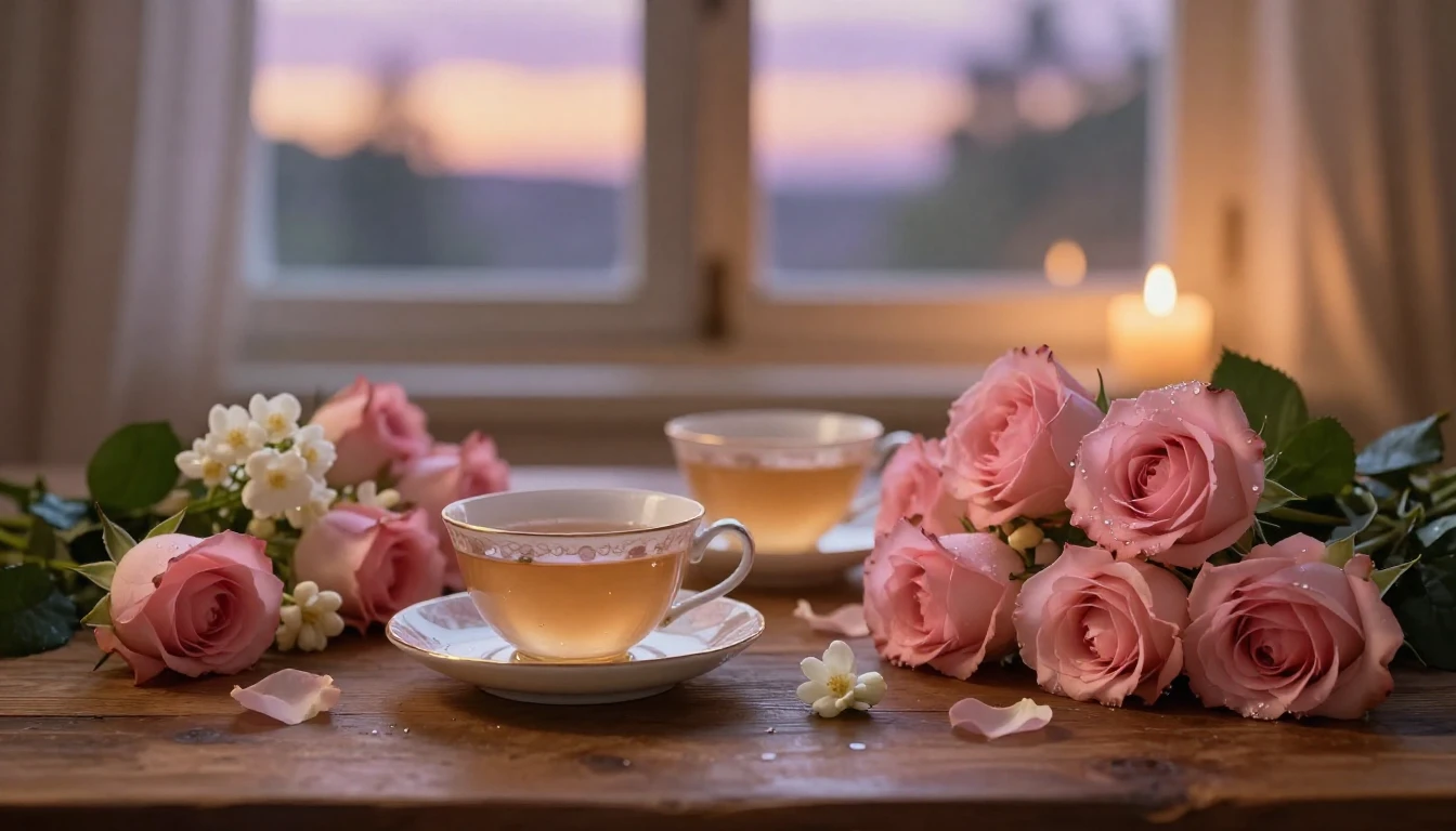 A romantic and cozy atmosphere featuring two delicate porcel...