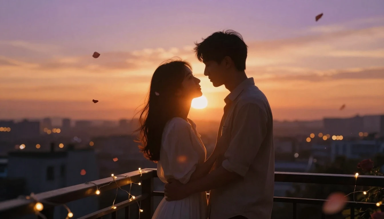 A romantic and cozy scene of a couple standing on a balcony ...