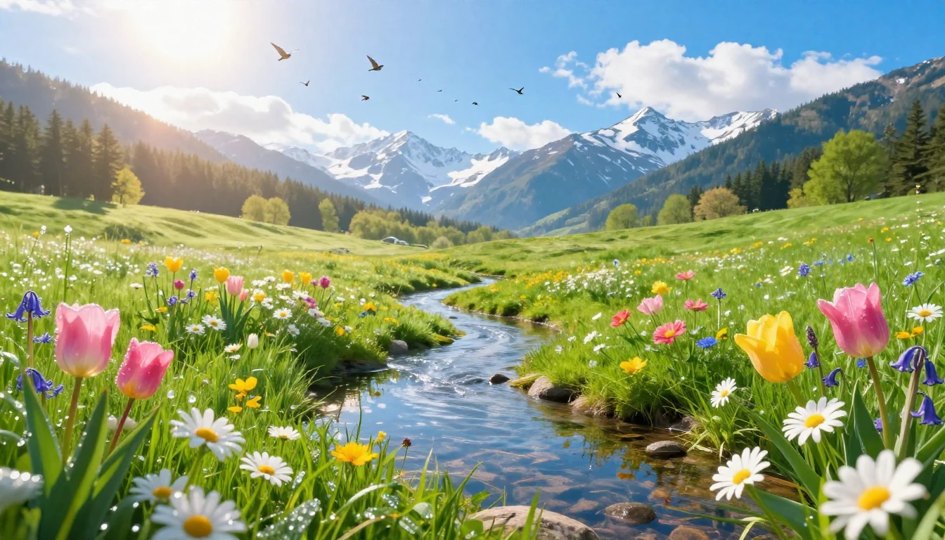 A vibrant and joyful spring landscape bursting with life and...