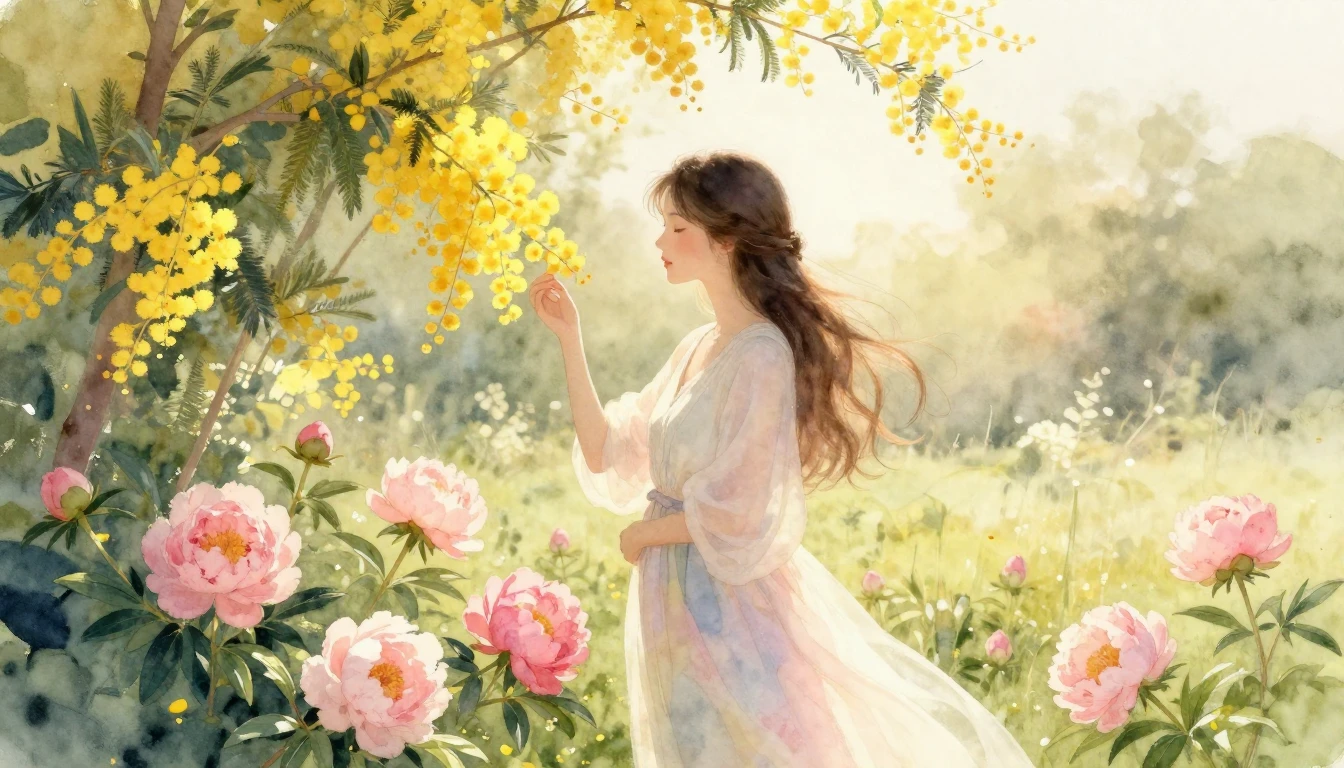 A beautiful and serene watercolor painting of a graceful mot...