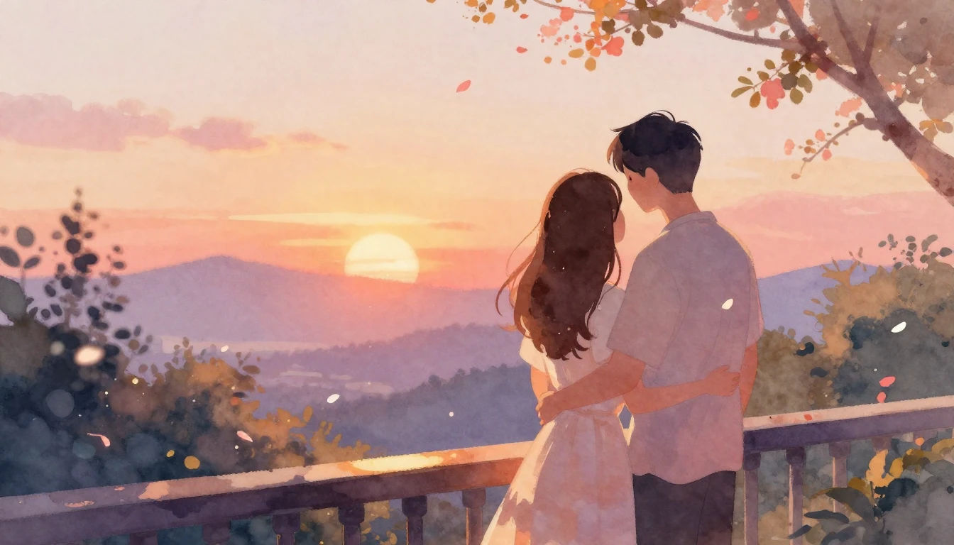 A romantic and dreamy watercolor illustration of a couple st...