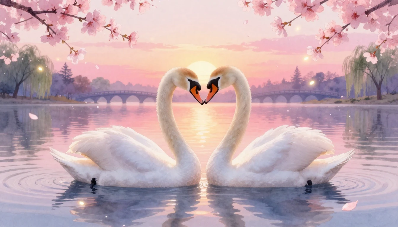 A soft and dreamy watercolor painting depicting two elegant ...