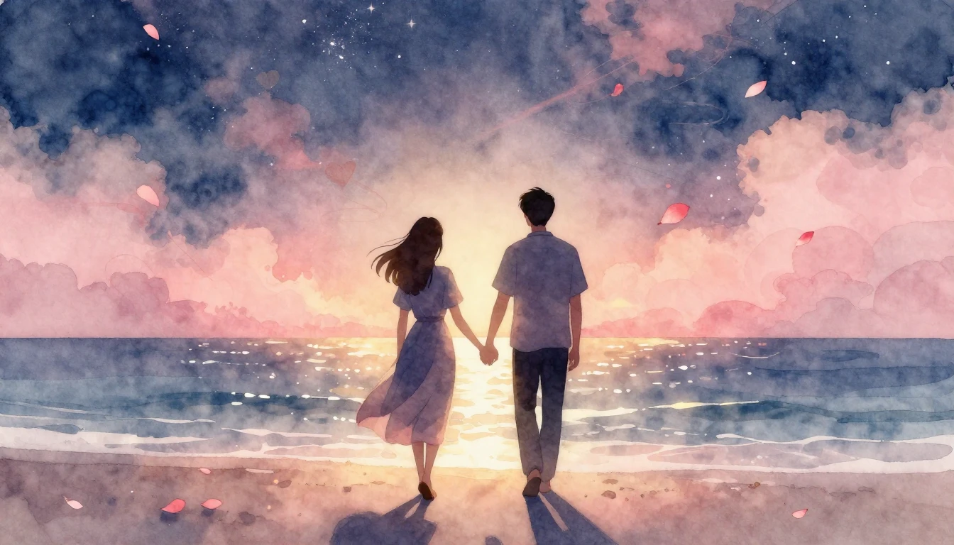 A soft and dreamy watercolor illustration depicting two silh...