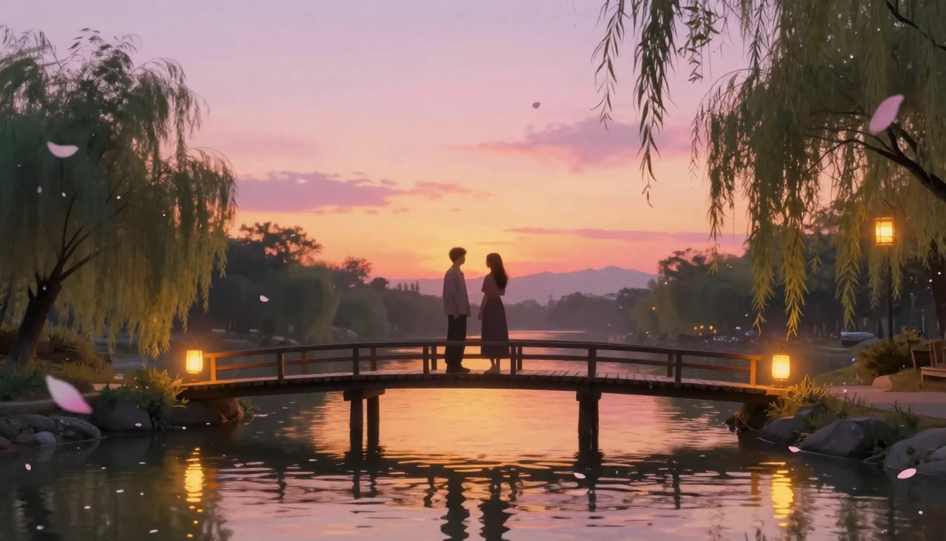 A romantic and cozy scene featuring two silhouettes standing...