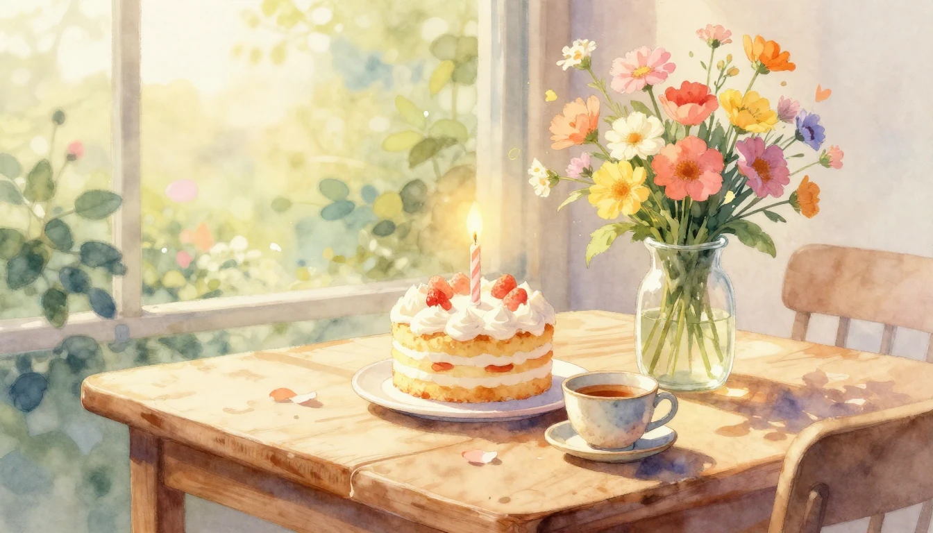 A beautiful watercolor illustration of a cozy wooden table b...