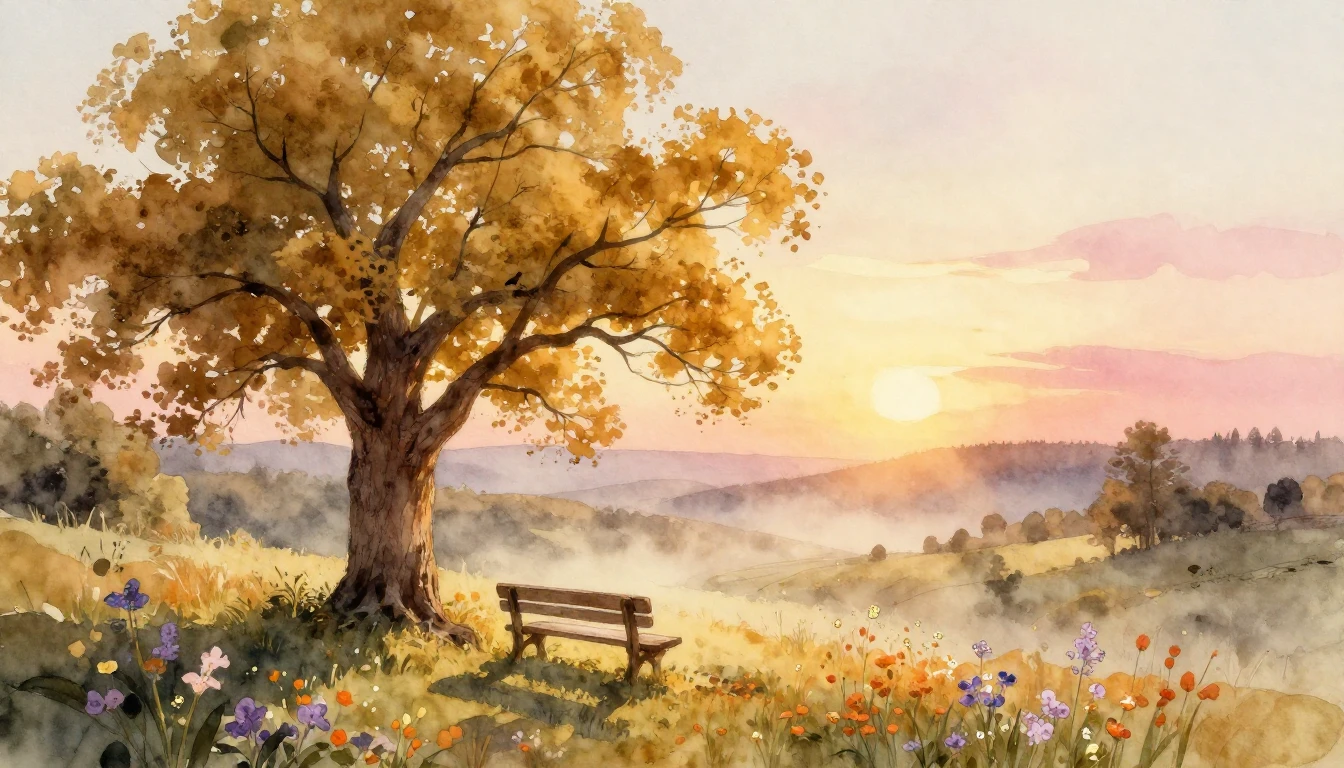 A soft watercolor painting depicting a serene landscape at g...