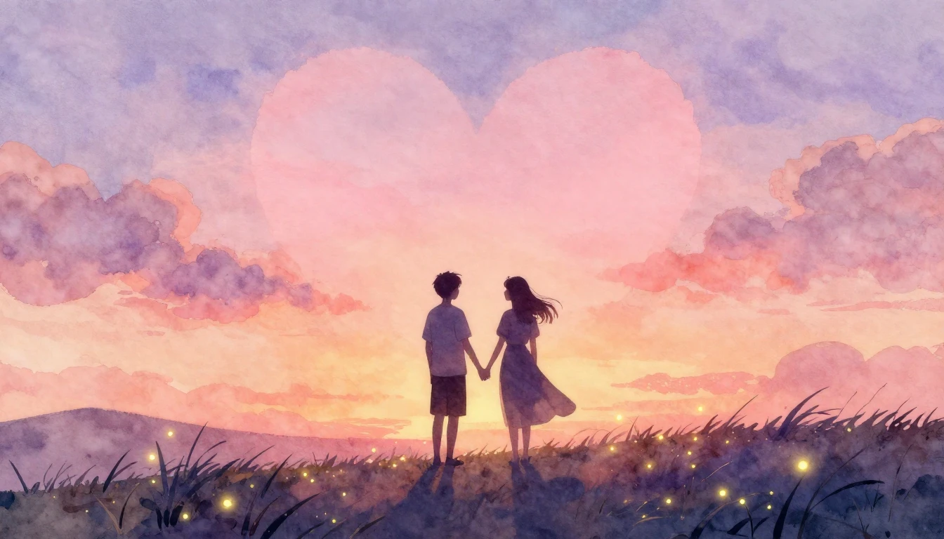A romantic and dreamy watercolor illustration depicting two ...