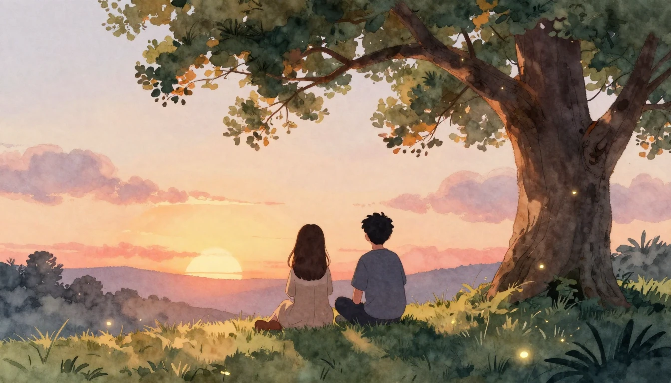 A heartwarming watercolor illustration of two friends sittin...