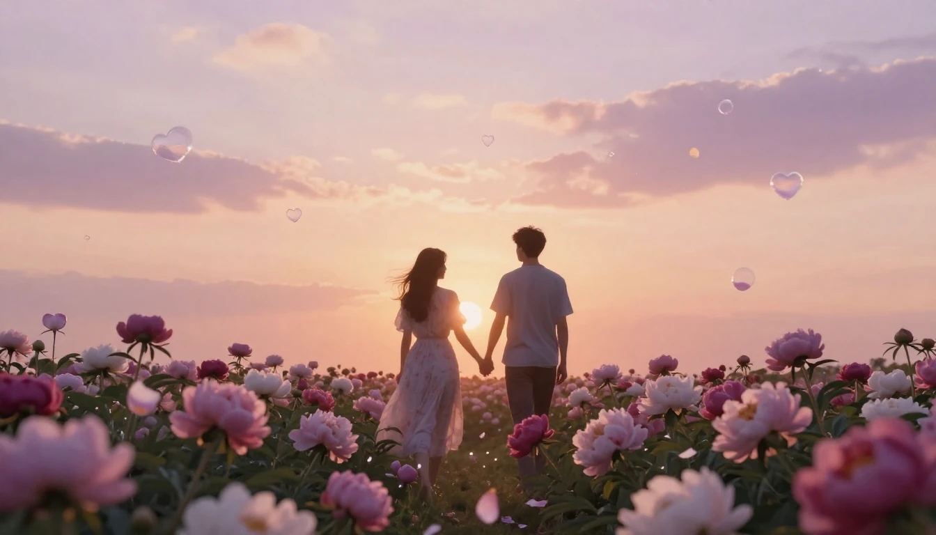 A dreamy and romantic scene featuring two silhouetted figure...