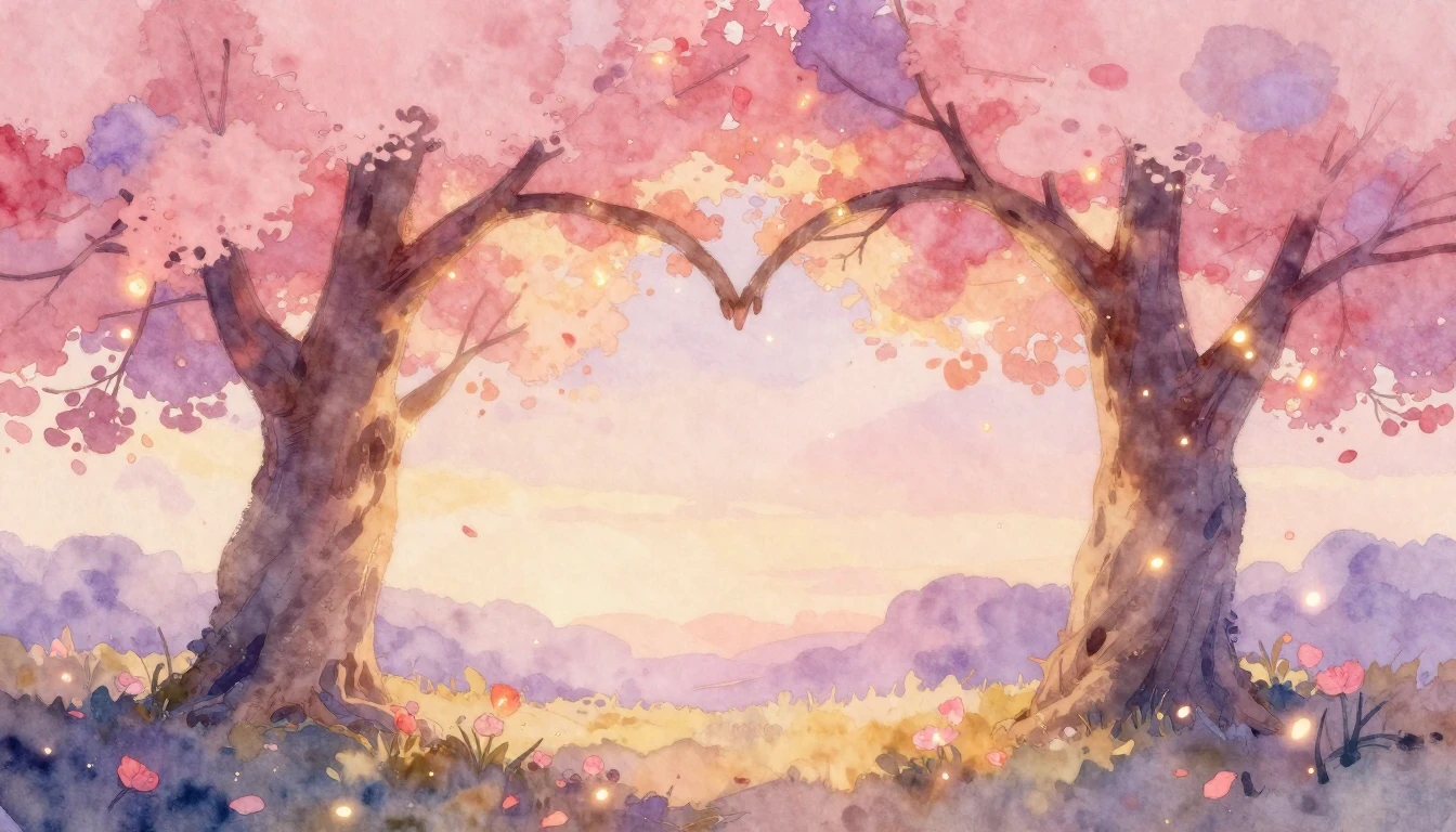 A soft and romantic watercolor painting depicting two large,...