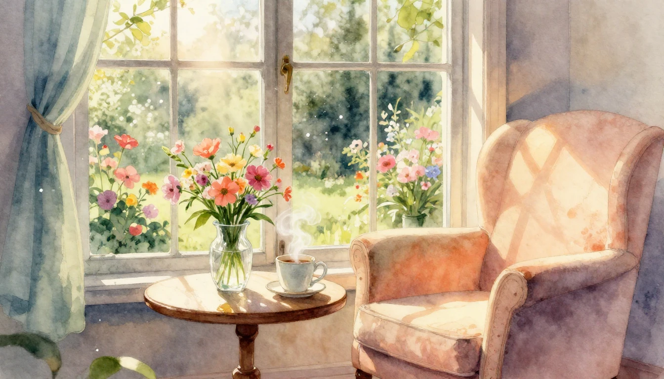 A dreamlike watercolor illustration of a cozy indoor nook du...