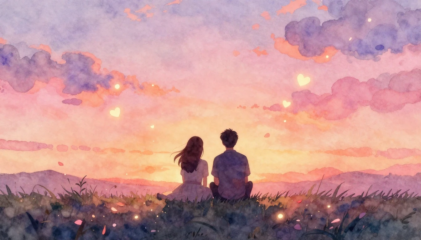 A romantic and dreamy watercolor painting depicting two silh...