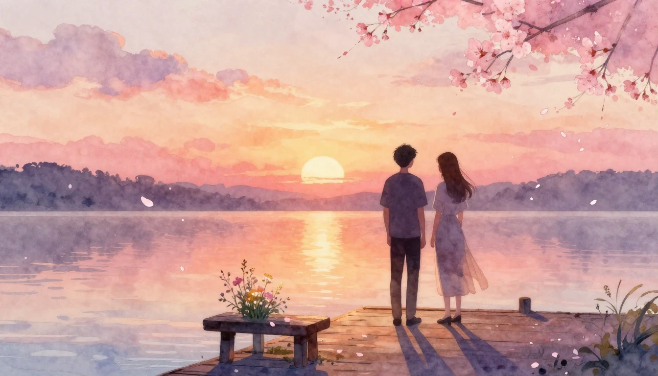 A dreamy and romantic watercolor illustration of two silhoue...