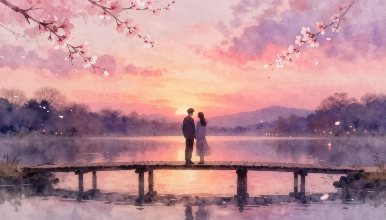 A dreamy and ethereal watercolor painting of two silhouettes...