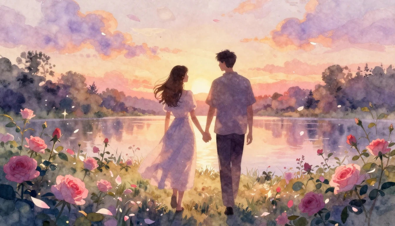 A dreamy and romantic scene featuring two silhouetted figure...
