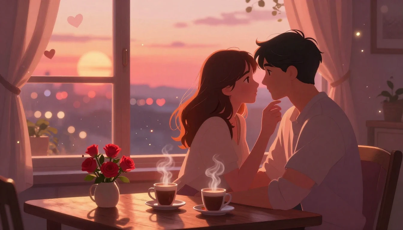 A romantic digital art illustration of a loving couple shari...