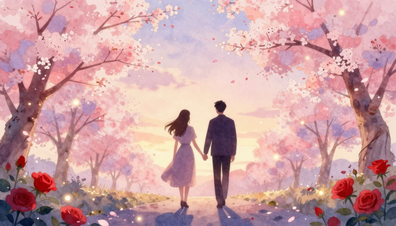 A dreamy watercolor painting featuring two silhouettes holdi...