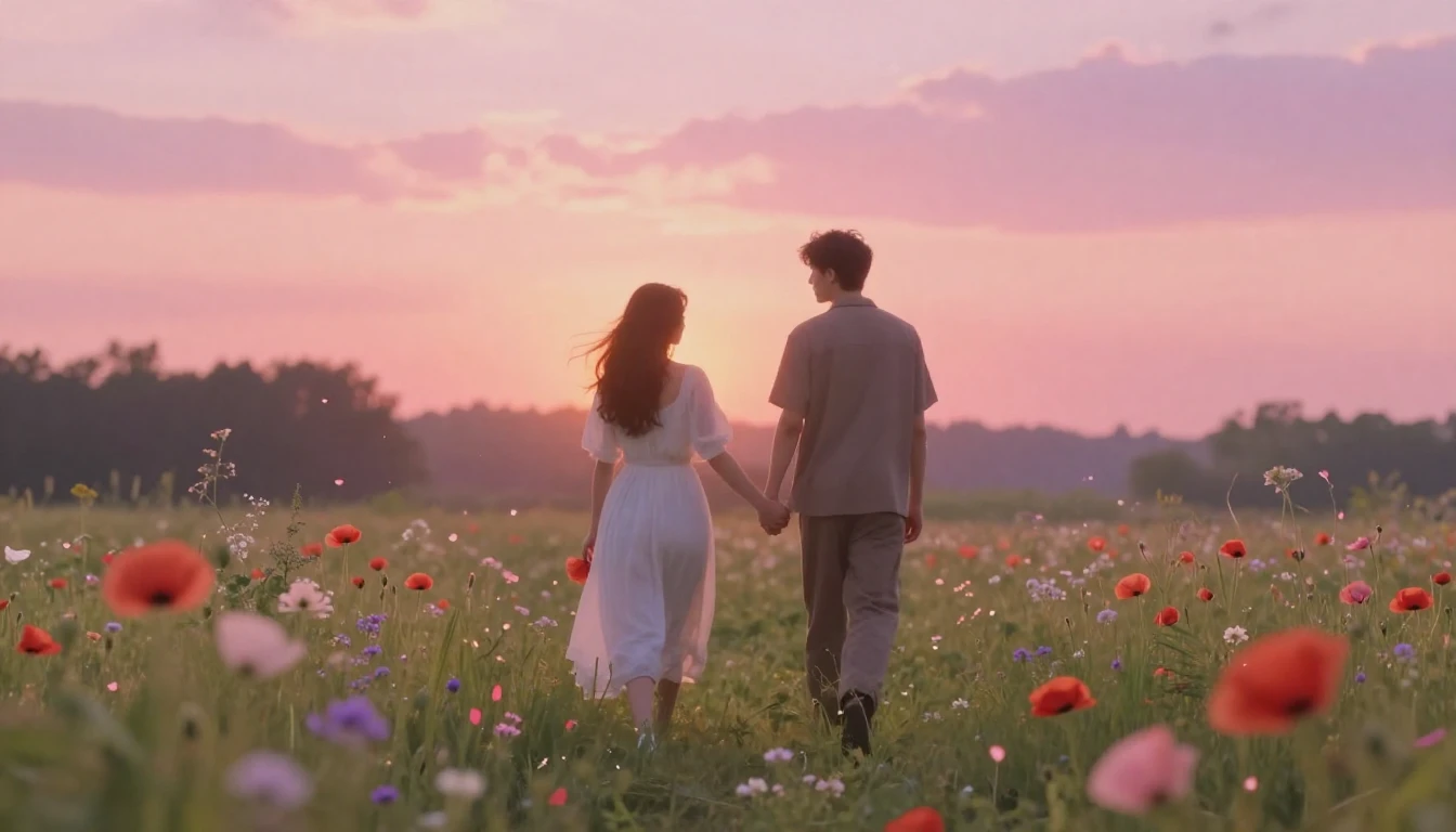 A dreamy and romantic scene of two figures walking hand-in-h...