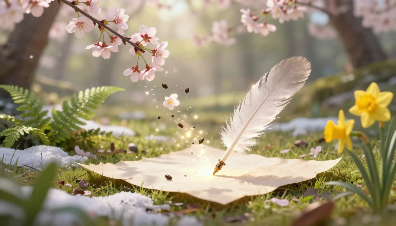A magical scene of creation where a glowing feather quill re...