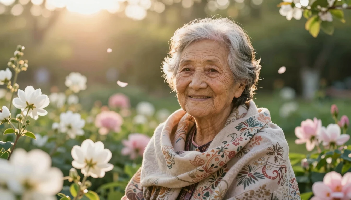 A heartwarming and serene portrait of a graceful elderly mot...
