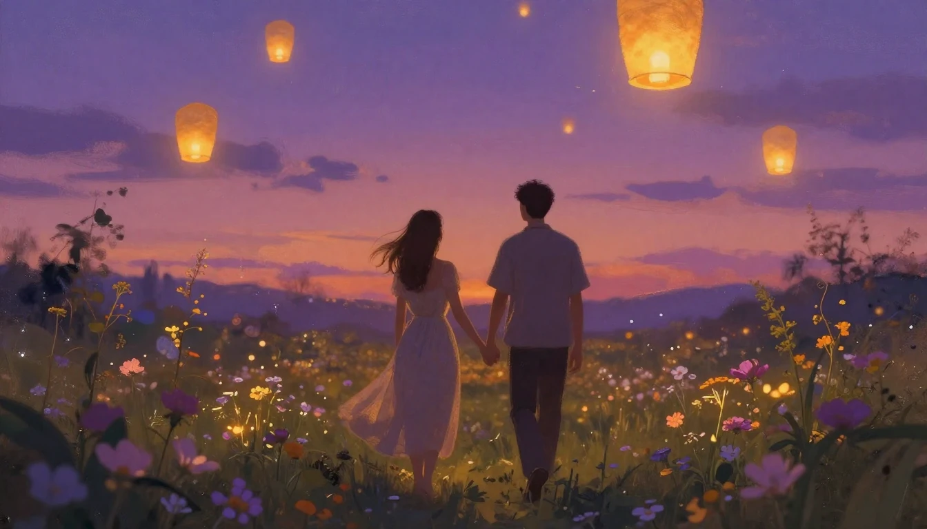 A romantic and ethereal scene featuring two silhouettes walk...