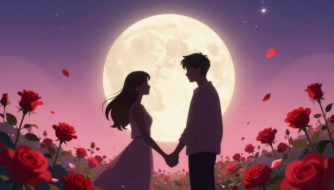 A romantic and dreamy illustration featuring two silhouettes...
