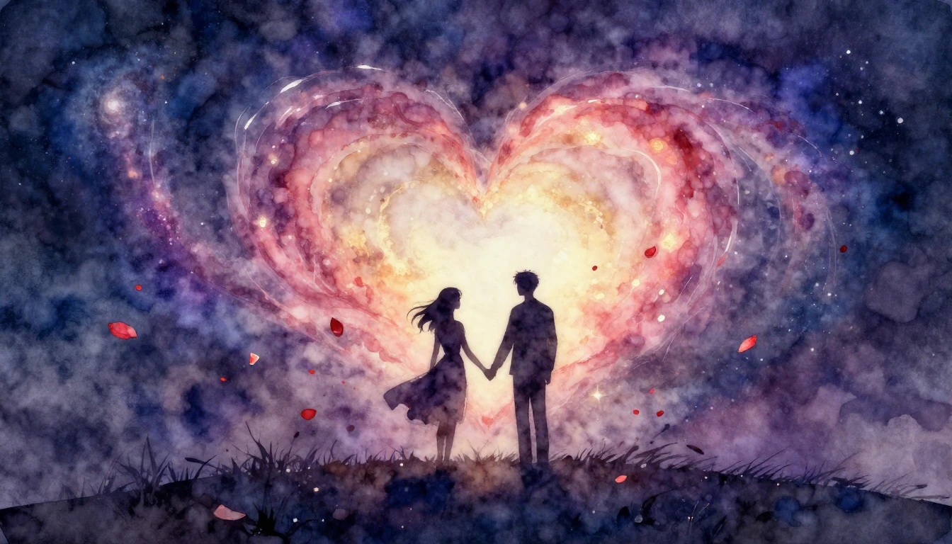 A soft watercolor painting depicting two silhouetted figures...