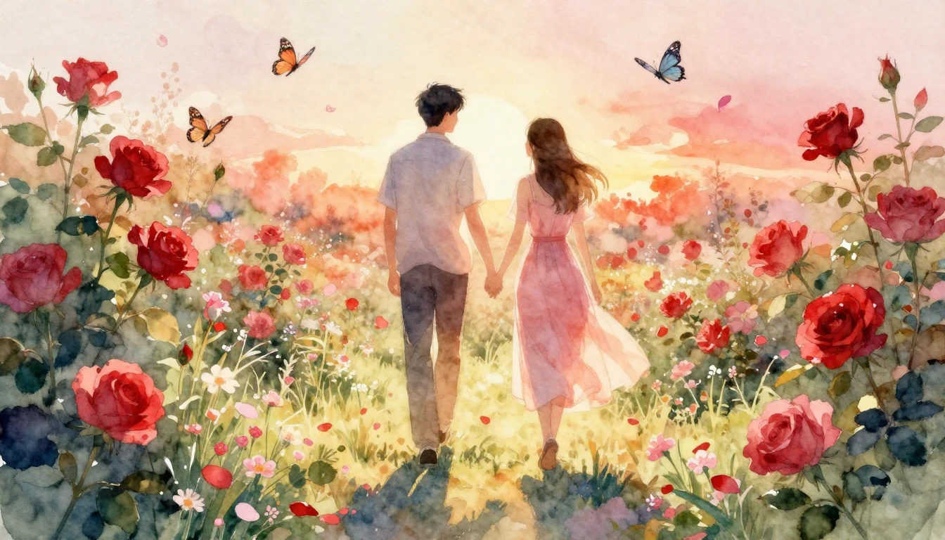 A dreamy and romantic watercolor illustration of a couple wa...