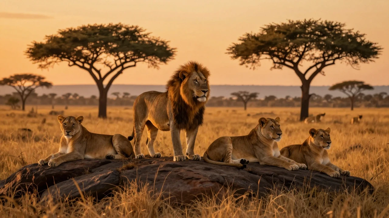 A majestic lion pride resting on a sun-drenched rocky hill i...