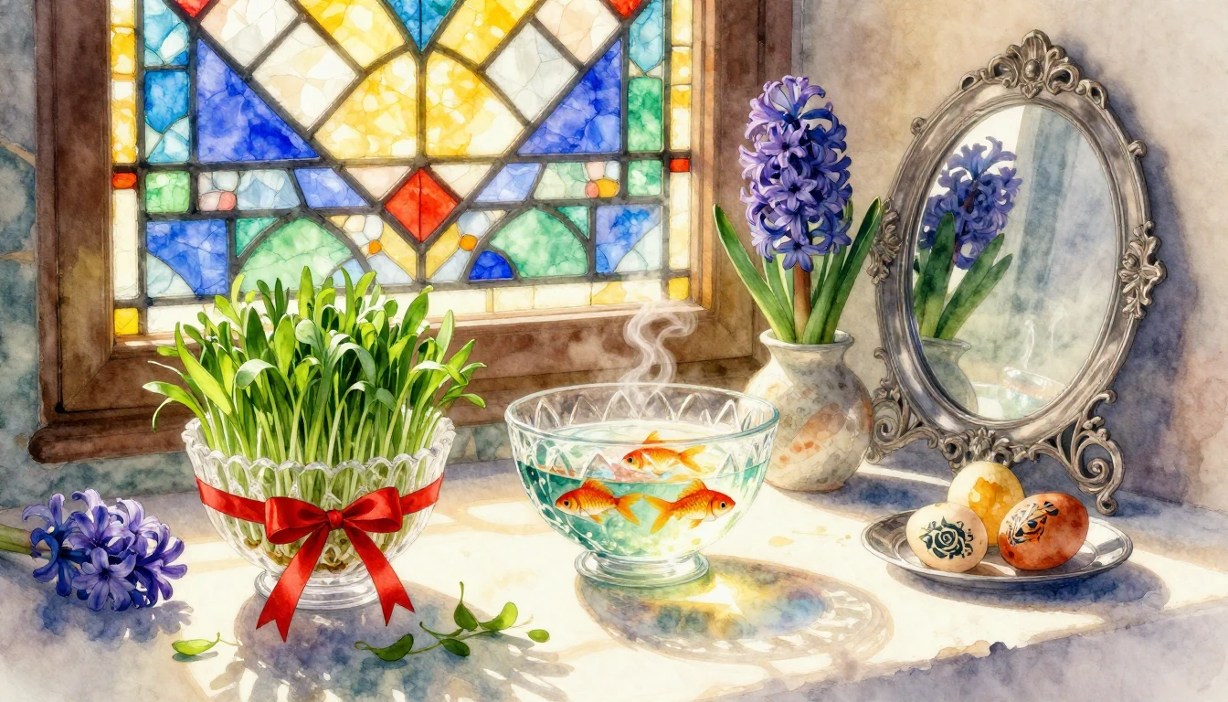 A beautiful traditional Haft-Sin table arrangement placed ne...