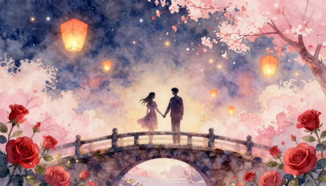 A soft and dreamy watercolor illustration depicting two silh...