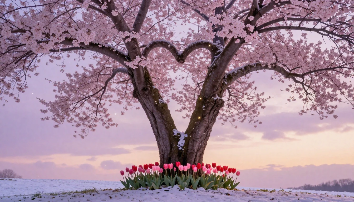 A soft and romantic scene depicting two intertwined cherry b...