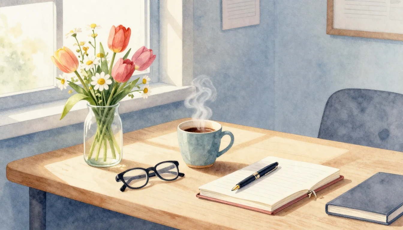 A serene and bright office workspace rendered in a soft wate...